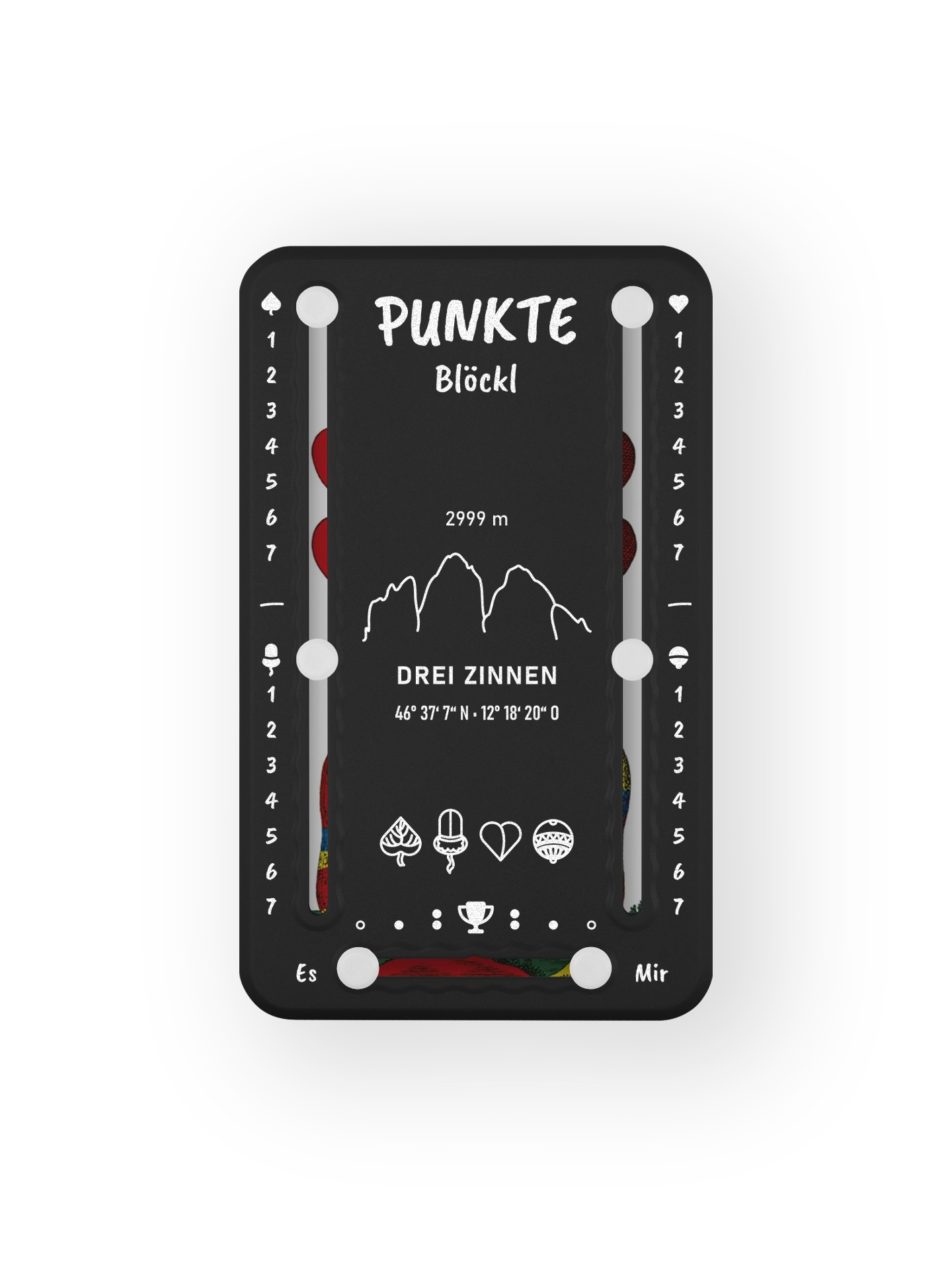 Punkteblöckl bis jeweils 7 Punkte in Kunststoff schwarz und weissen Pins - mit Drei Zinnen Motiv auf transparenten Hintergrund.