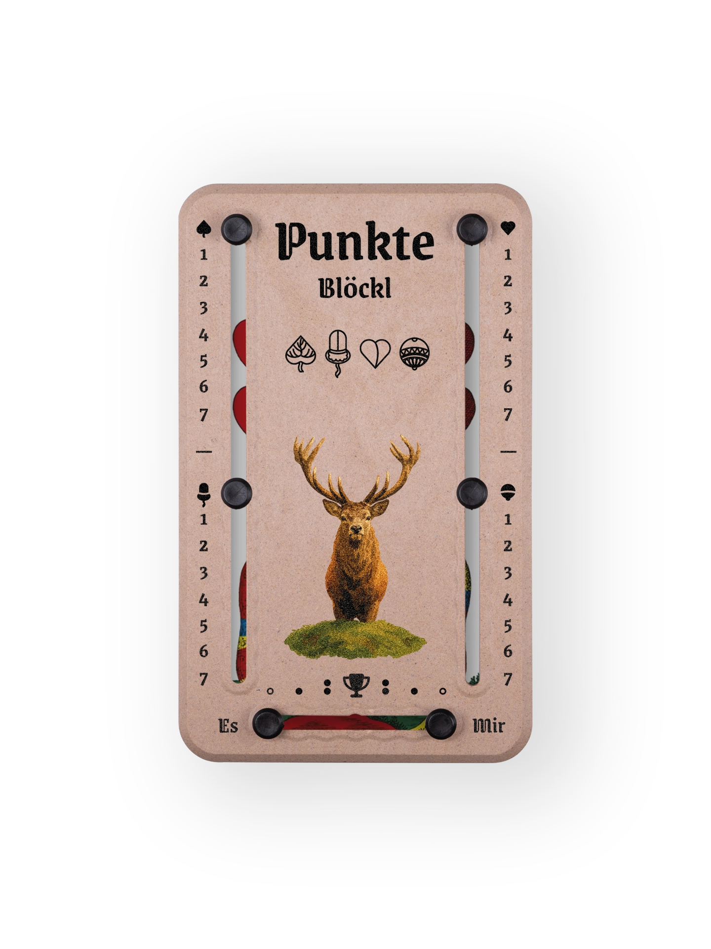 Punkteblöckl bis jeweils 7 Punkte in Holzoptik  und schwarzen Pins - mit Hirsch Motiv auf transparenten Hintergrund