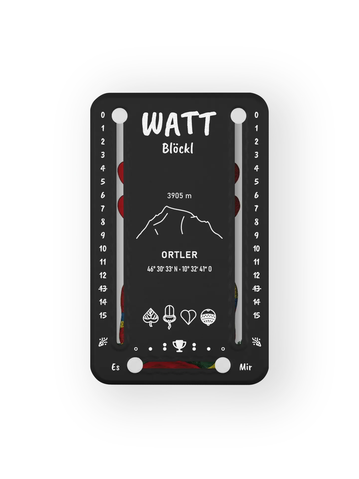 Wattblöckl bis 15 Punkte in Kunststoff schwarz und weissen Pins - mit Ortler Motiv auf transparenten Hintergrund.