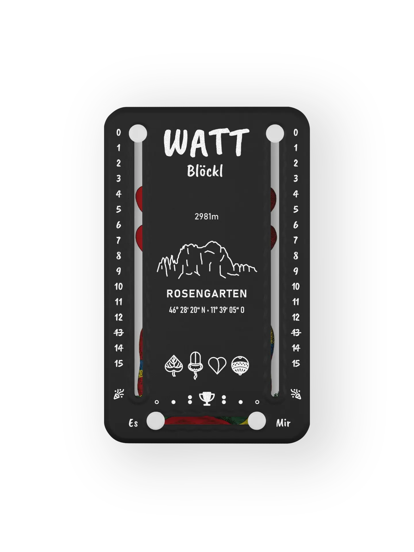 Wattblöckl bis 15 Punkte in Kunststoff schwarz und weissen Pins - mit Rosengarten Motiv auf transparenten Hintergrund.
