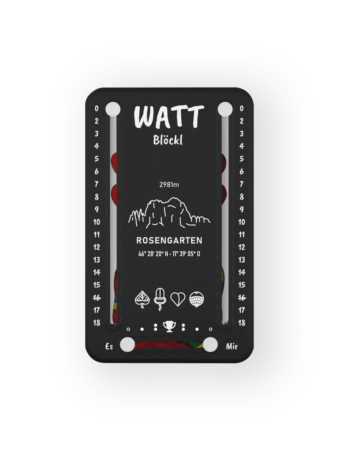 Wattblöckl bis 18 Punkte in Kunststoff schwarz und weissen Pins - mit Rosengarten Motiv auf transparenten Hintergrund.