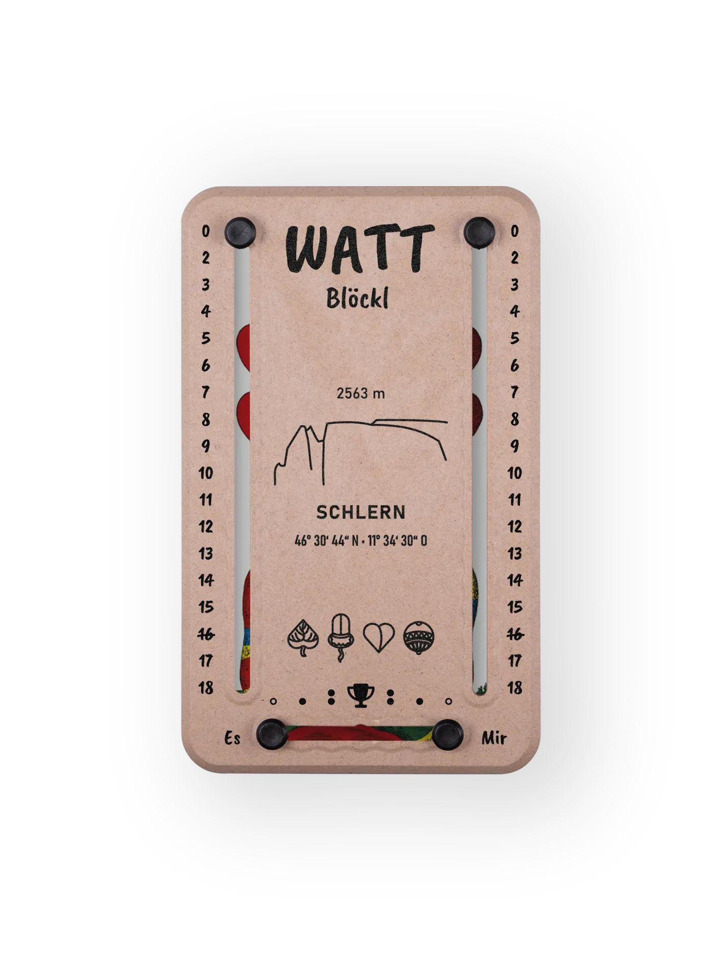 Wattblöckl bis 18 Punkte in Holzoptik und schwarzen Pins - mit Schlern Motiv auf transparenten Hintergrund.